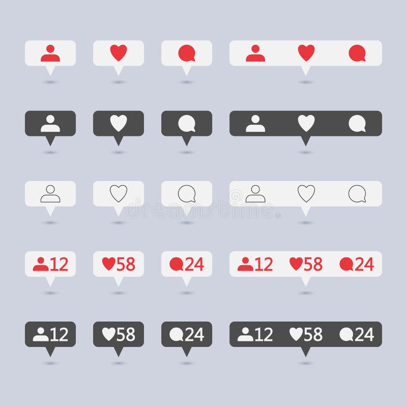 Symbols for social network. Notification icons social media notification. Template heart, comment, request in friend.