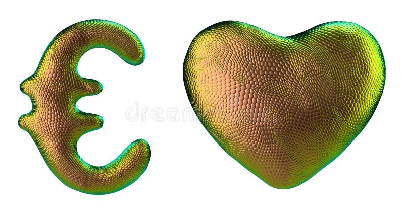 Symbolsamling i euro och hjärta tillverkat av 3d-renderingsfärg Symbol för typsnitt för naturlig ormskal vektor illustrationer