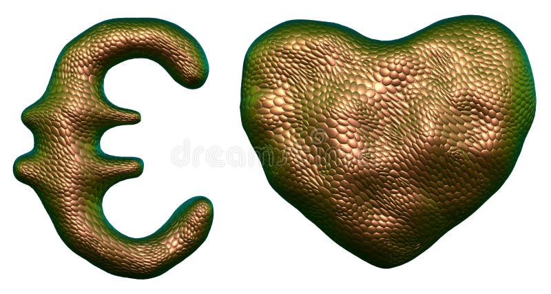 Symbolsamlingseuro och hjärta som göras av 3d att framföra guld- färg Samling av det naturliga symbolet f? r stil f? r textur f? r o vektor illustrationer