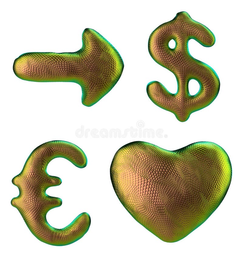 Symbolsamlingspilen dollareurohjärta tillverkat av 3d-återge guldfärg. samling av naturlig snakskalstext vektor illustrationer