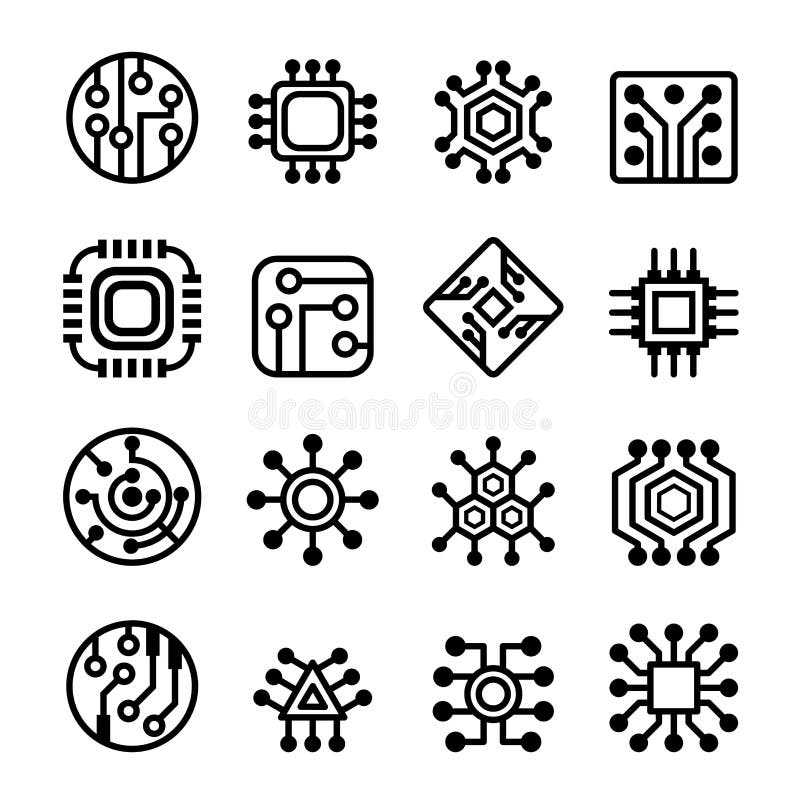 Symbolsuppsättning för datorchiper och för elektronisk strömkrets stock illustrationer