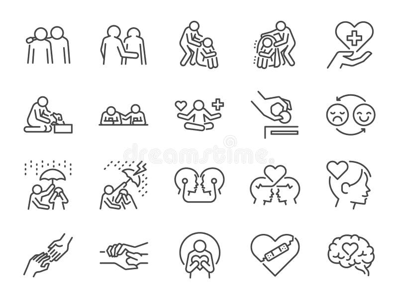 Symboluppsättning för empati. inkluderade ikonerna som sminka upp vänner som stödjer psykisk hälsa och mer. vektor illustrationer