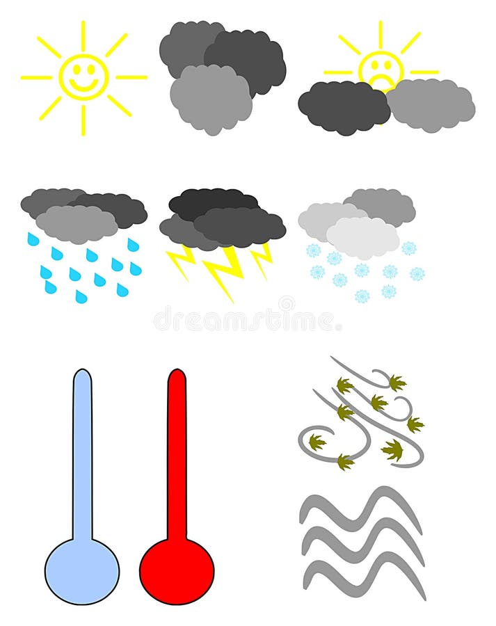 Illustration, which represents the most used weather icons. The icons represented are: sun cloudy overcast rain storm snow minimum temperatures maximum temperatures wind fog. Illustration, which represents the most used weather icons. The icons represented are: sun cloudy overcast rain storm snow minimum temperatures maximum temperatures wind fog