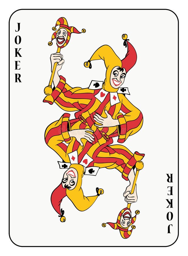 Joker symmetric playing card with red and golden costume. Golden poker vectors