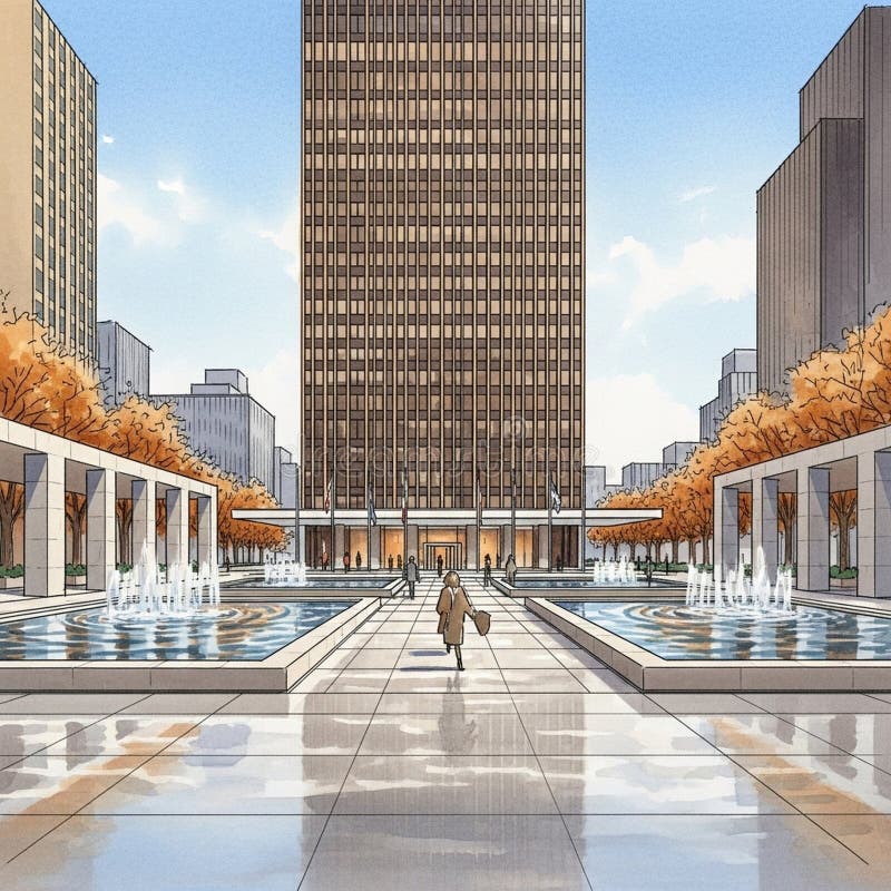 A symmetrical cityscape with a tall stock illustration