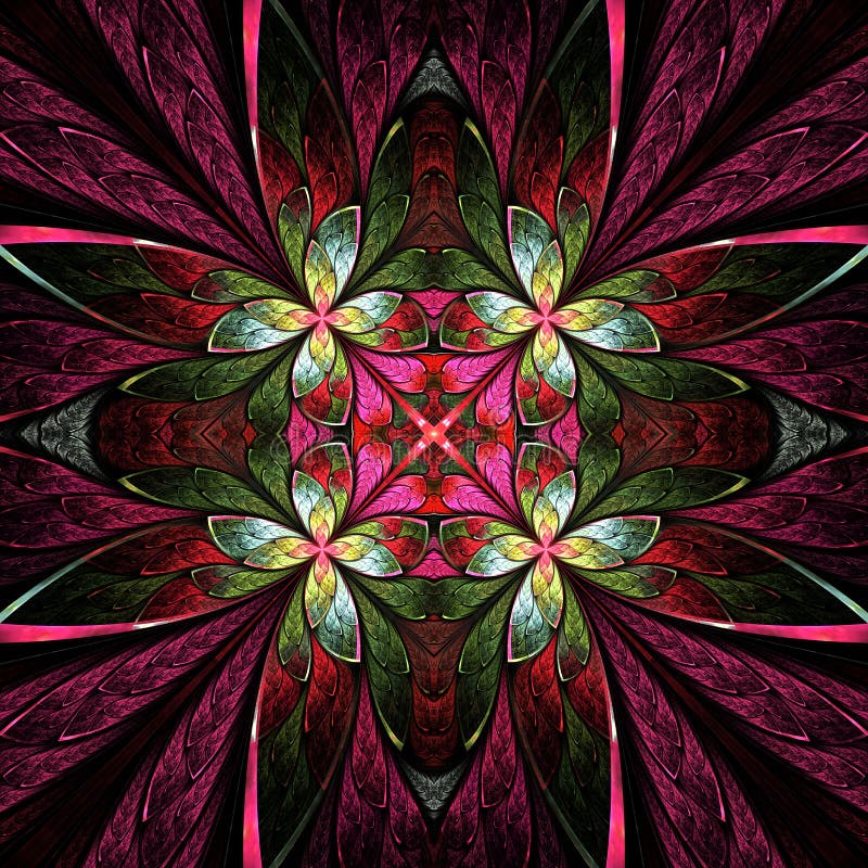 Symmetrical flower pattern in stained-glass window style. Green, yellow and purple palette on black. Computer generated graphics.