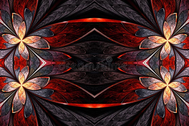 Symmetrical flower pattern in stained-glass window style on light. Beige, orange and brown palette. Computer generated graphics.