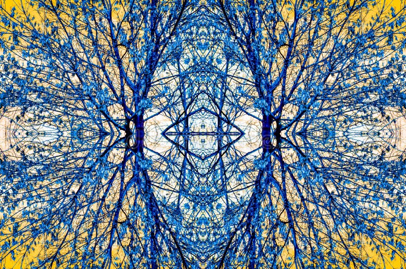 Symmetrical, kaleidoscopic image of tree branches with blue leaves against a yellow sky, creating an abstract and intricate vector illustration