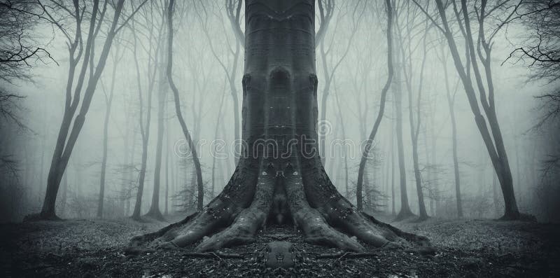 Symmetrical spooky tree in forest with fog