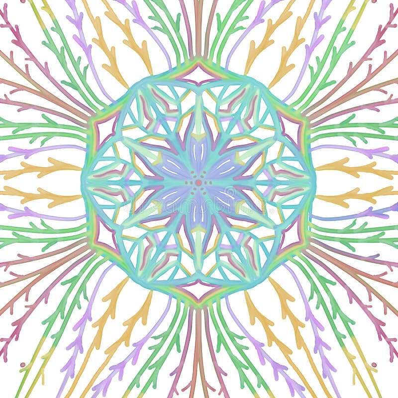 Symmetrical watercolor kaleidoscope pattern with vines and center flower seal vector illustration Symmetrical watercolor kaleidoscope pattern with vines and center flower seal vector illustration