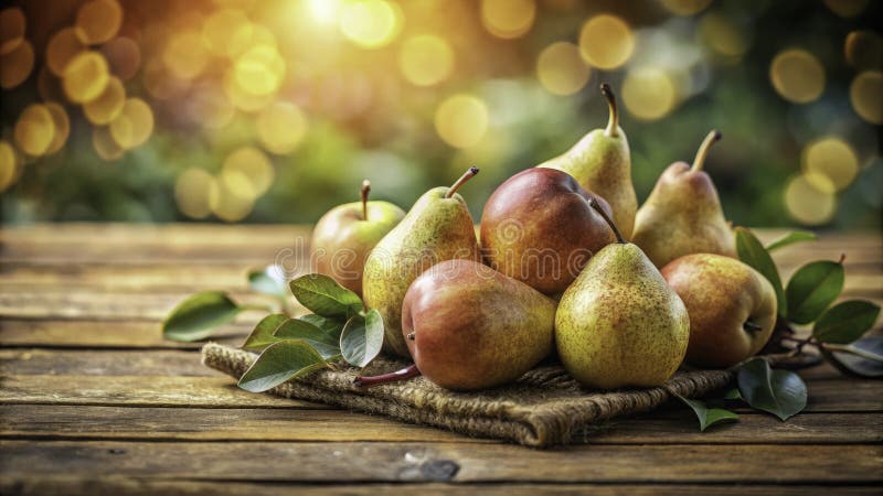 A Symphony of Autumn Exquisite Ripe Pears on a Rustic Tabletop Captured in a Warm Inviting Still Life vector illustration