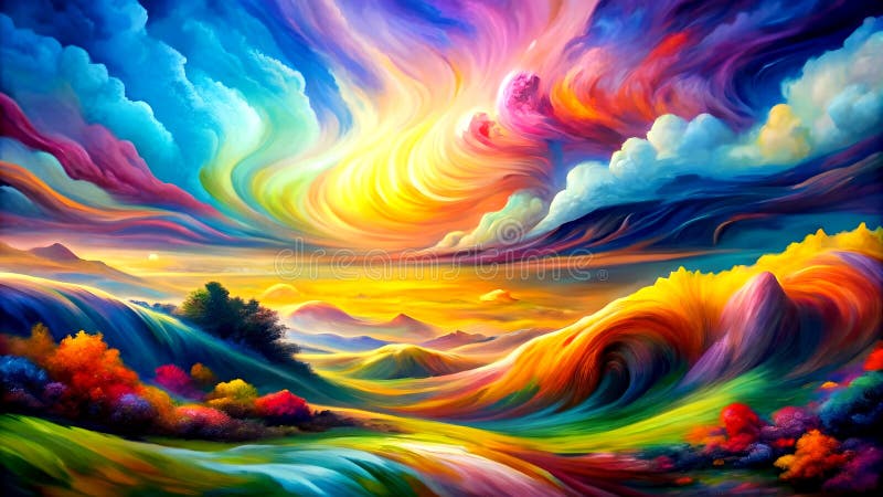 A Symphony of Hues A vibrant abstract landscape where swirling colors dance and blend creating a mesmerizing tapestry of visual stock illustration