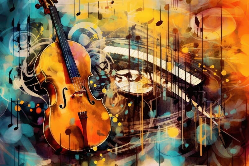 Symphony of Musical Notes and Instruments on an Abstract Background, Harmoniously Blending Sound 