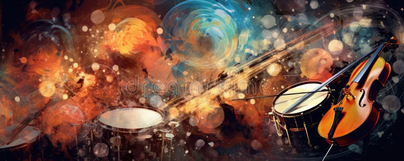 Symphony of Musical Notes and Instruments on an Abstract Background