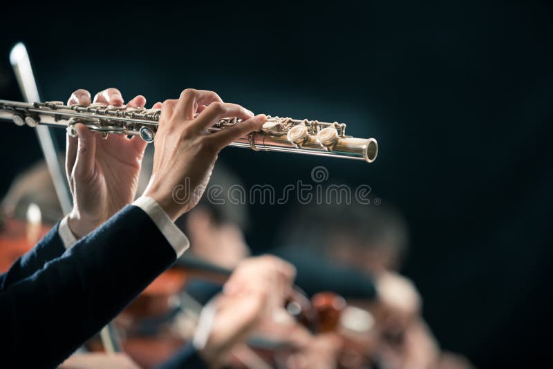 Symphony orchestra performance: flutist close-up royalty free stock images