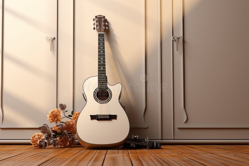 A symphony in simplicity: Guitar, keys, and a white canvas in perfect balance. royalty free illustration