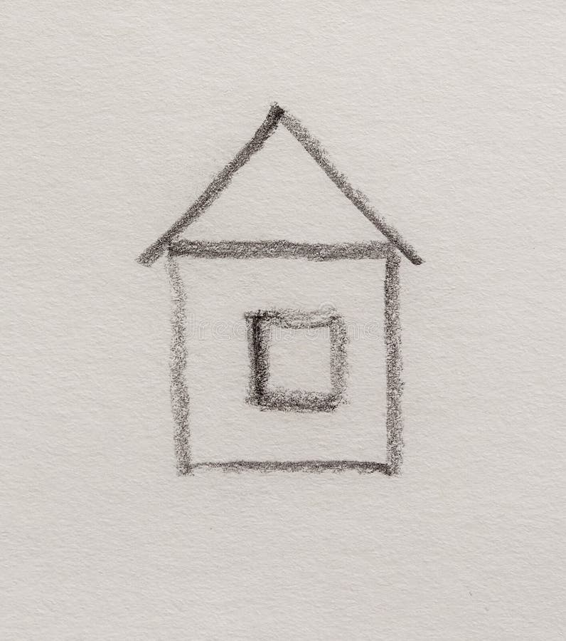 Symple Symbolic Drawing of a House, Pencil Drawing on Paper. Stock