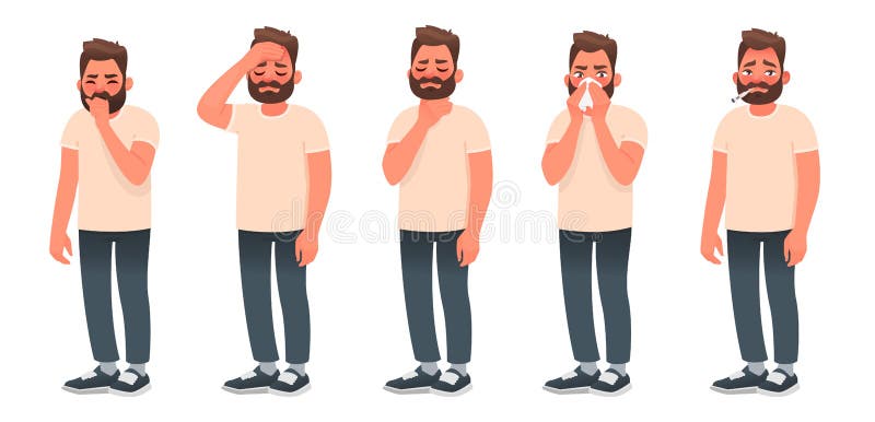 Symptoms of a viral infection and respiratory illness. A sick man coughs and sneezes. Headache, sore throat, runny nose, fever vector illustration