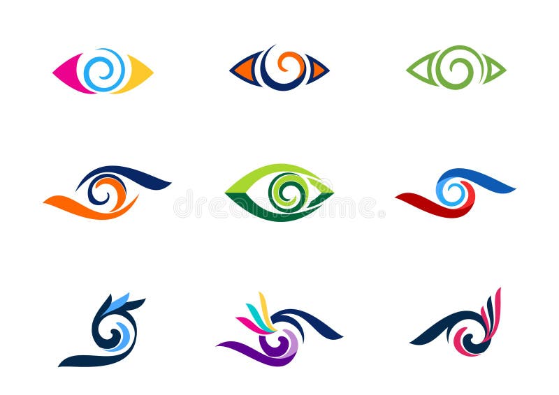 Syna visionlogoen, mode, ögonfrans, logoer för samlingsvirvelögon, cirkla det optiska illustrationsymbolet, vektor för sfärvirvel vektor illustrationer Syna visionlogoen, mode, ögonfrans, logoer för samlingsvirvelögon, cirkla det optiska illustrationsymbolet, vektor för sfärvirvel vektor illustrationer