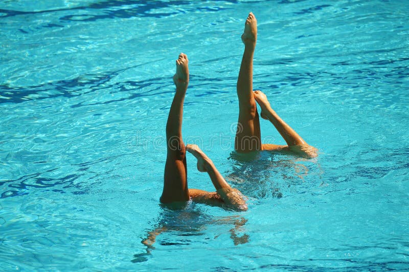 Synchronized swimming duet during competition