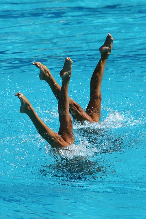 Synchronized swimming duet during competition