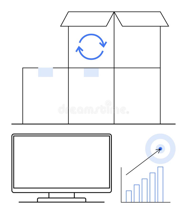 Synchronizing Data Management Through Shipping Boxes, Computer Screen, and Growth Chart Visualization stock illustration