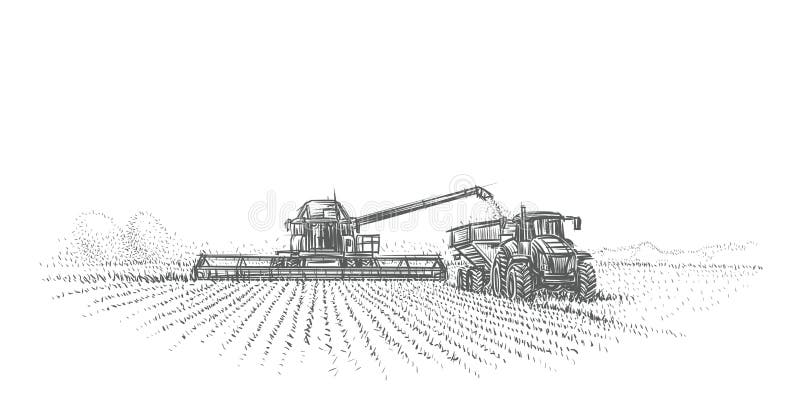 Combine Harvester and tractor working in field illustration. Vector. For print or web. Combine Harvester and tractor working in field illustration. Vector. For print or web.