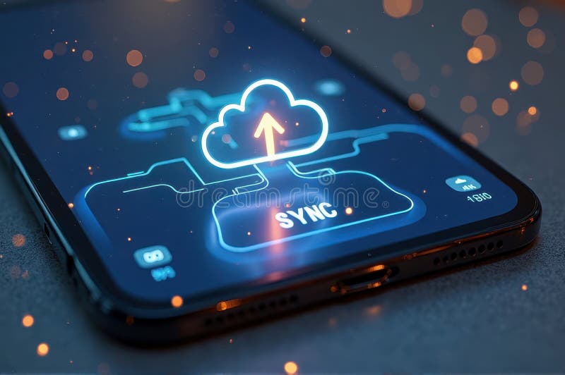 Synkroniseringsteknik för smartphone-molnet : visualisering av dataöverföring och säkerhetskopieringsprocess stock illustrationer