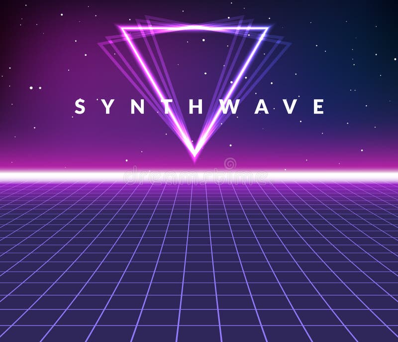 Synth wave retro grid background. Synthwave 80s vapor vector game poster neon futuristic laser space arcade stock illustration