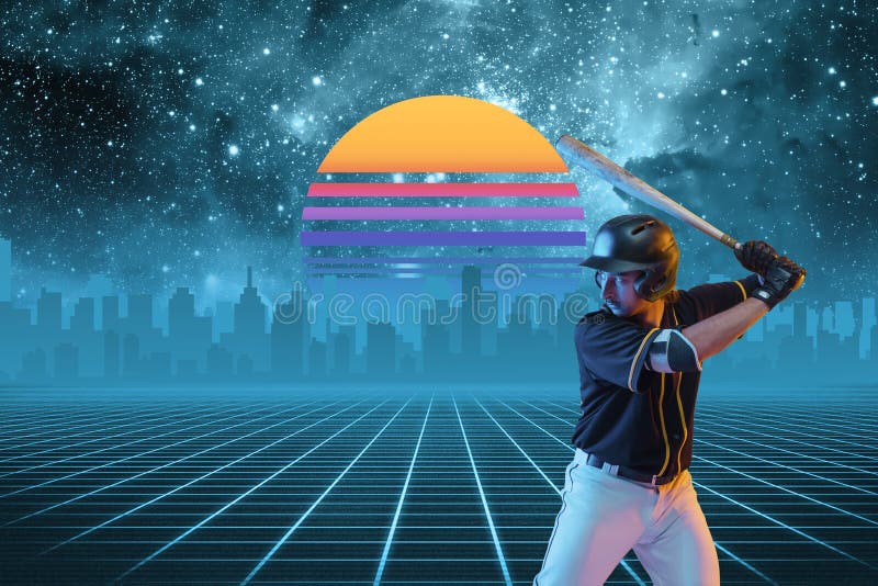 Baseball man. Beautiful background, synth wave and retro wave, vaporwave futuristic aesthetics. Ultraviolet, sportsman in glowing neon. Stylish flyer for ad, offer, bright colors and city view. Baseball man. Beautiful background, synth wave and retro wave, vaporwave futuristic aesthetics. Ultraviolet, sportsman in glowing neon. Stylish flyer for ad, offer, bright colors and city view.