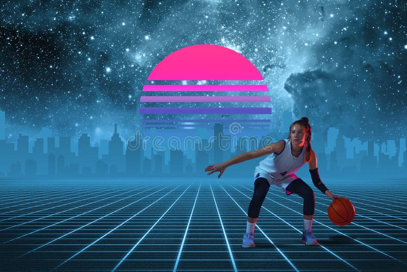 Basketball girl. Beautiful background, synth wave and retro wave, vaporwave futuristic aesthetics. Ultraviolet, sportsman in glowing neon style. Stylish flyer for ad, offer, bright colors and city view. Basketball girl. Beautiful background, synth wave and retro wave, vaporwave futuristic aesthetics. Ultraviolet, sportsman in glowing neon style. Stylish flyer for ad, offer, bright colors and city view.