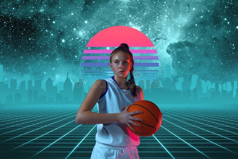 Basketball girl. Beautiful background, synth wave and retro wave, vaporwave futuristic aesthetics. Ultraviolet, sportsman in glowing neon style. Stylish flyer for ad, offer, bright colors and city view. Basketball girl. Beautiful background, synth wave and retro wave, vaporwave futuristic aesthetics. Ultraviolet, sportsman in glowing neon style. Stylish flyer for ad, offer, bright colors and city view.