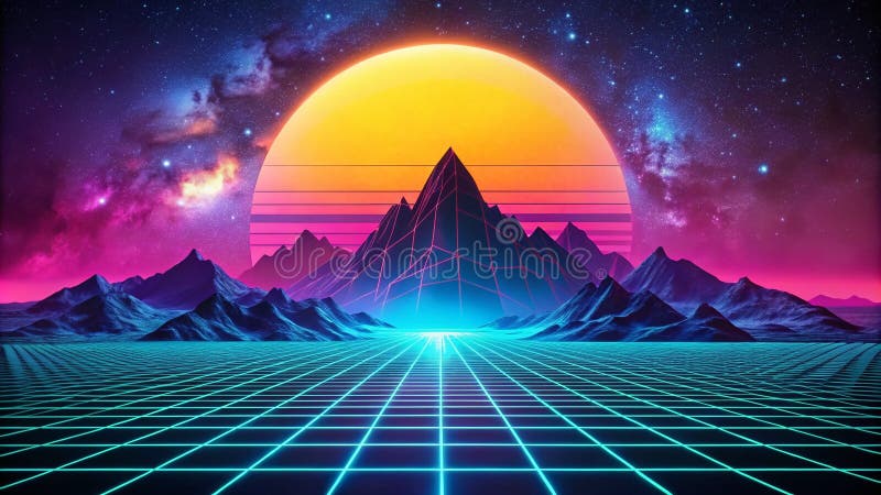 Synthwave Cyberpunk Mountainscape Banner A Retro Futuristic Cityscape Under a Glowing Moon Ideal for 80sInspired stock illustration