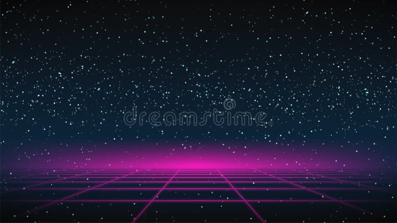 Synthwave grid Background. 80s Retro Future backdrop. Pink perspective grid on dark starry sky. Synthwave Fetro Futuristic party