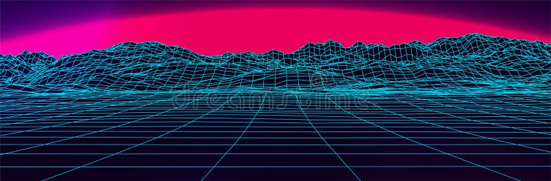 80s Sunset. Synthwave Landscape. Big Sun. 3d Wireframe Computer Surface ...