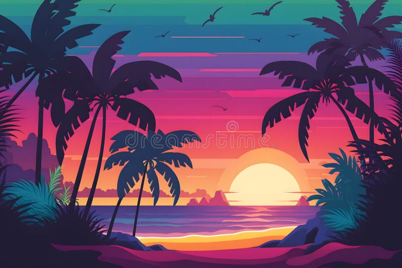 Synthwave Neon Landscape with Palm Trees and Sunset. Retro Style ...