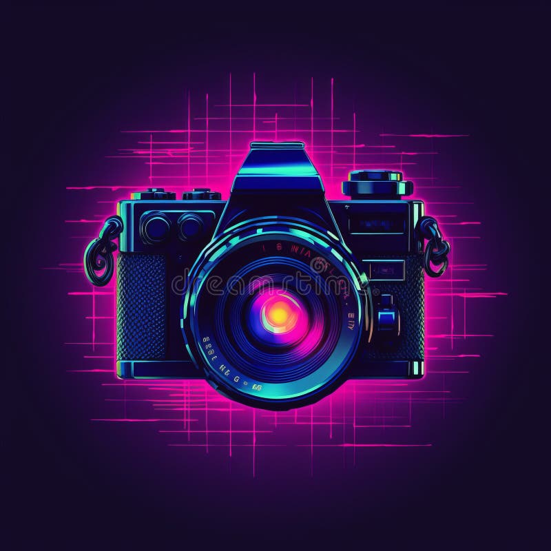 Synthwave Retro Camera Logo Minimal Pixel Art on Dark Background Stock