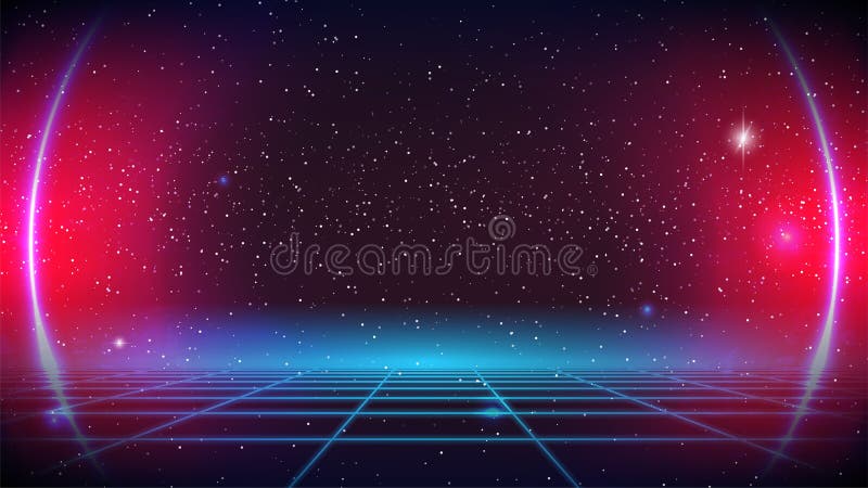 Synthwave Retro Future Grid background with pink round Neon glowing. 80s sci-fi style. 3d virtual wireframe landscape. Synthwave