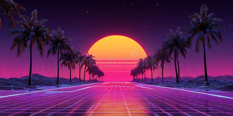 Synthwave Sunset Tropical Palm Trees and Vibrant 80s Retro Scene stock illustration