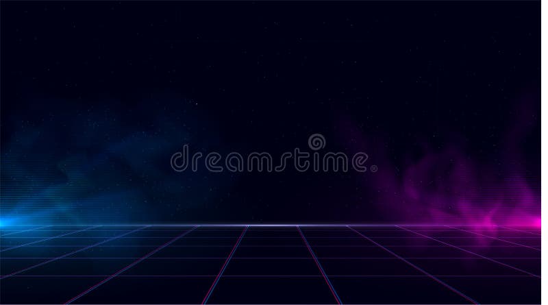 Synthwave-vaporwave retrowave Cyberhintergrund mit Kopienraum, Laser-Gitter, sternenklarem Himmel, Blau und Purpurlichtern mit Ra