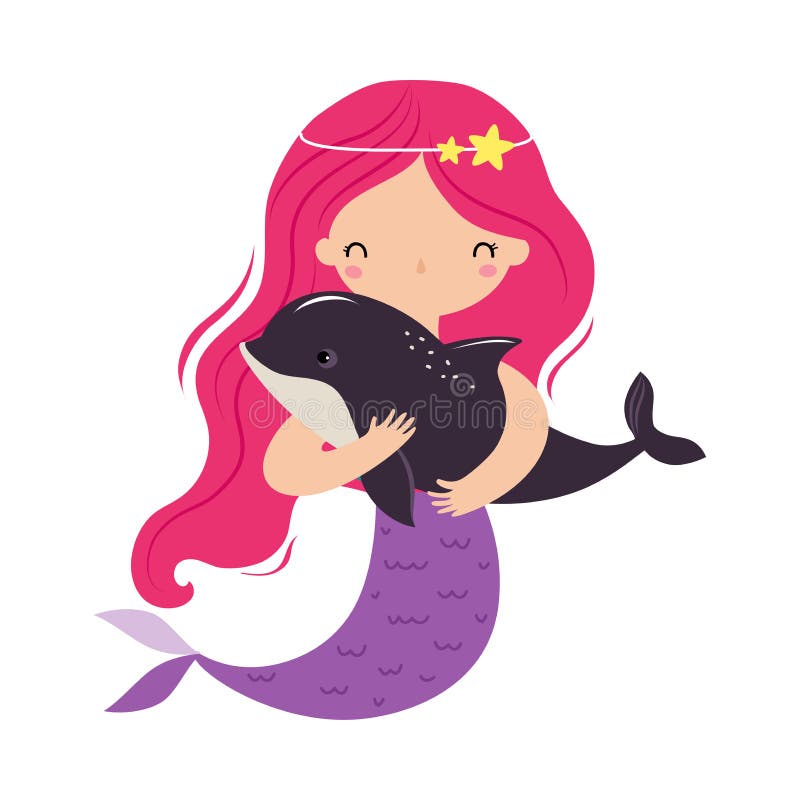 Syrenka z różowymi włosami pływającymi pod wodą z ilustracją wektora delfinów ilustracji
