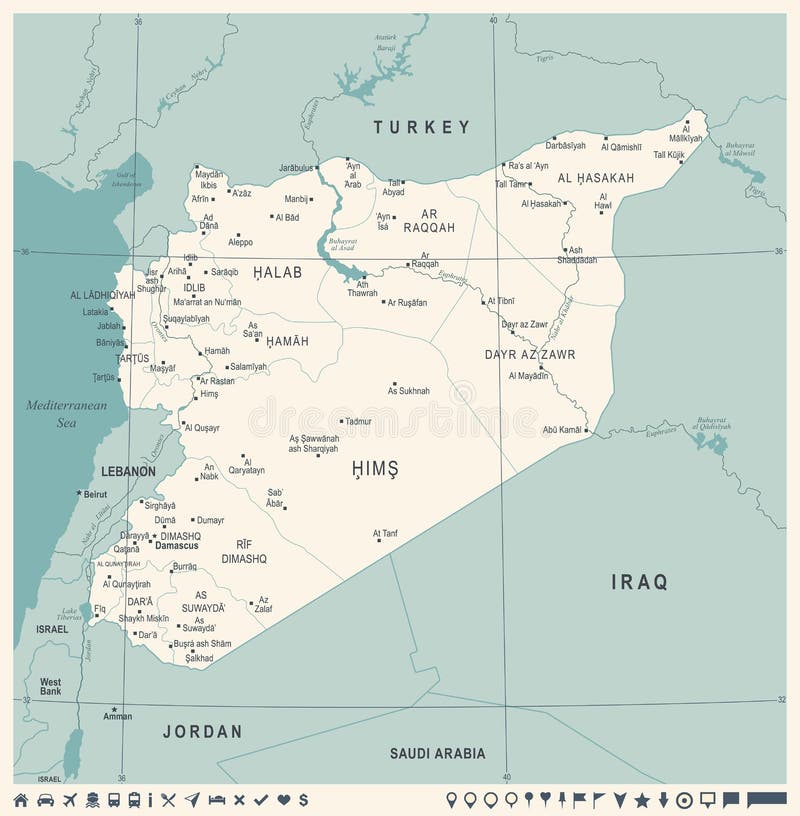 Syria Map - Vintage Detailed Vector Illustration