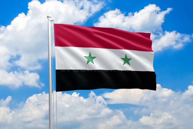 Flag of Syria on a Flagpole Flutters in the Wind Against the Sky