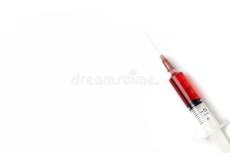 Syringe, medical injection. Red medicine isolated on white background.
