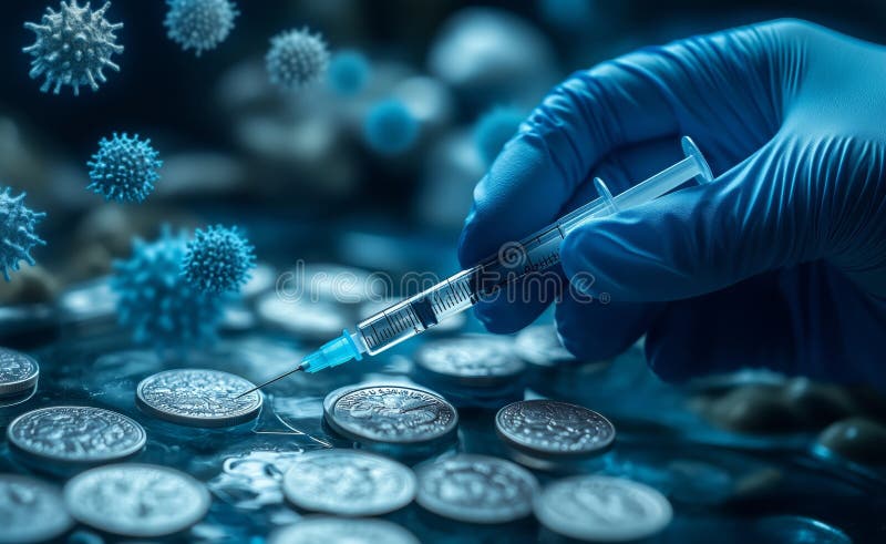 Syringe placed on coins while handling microscopic organisms in a lab environment royalty free stock images