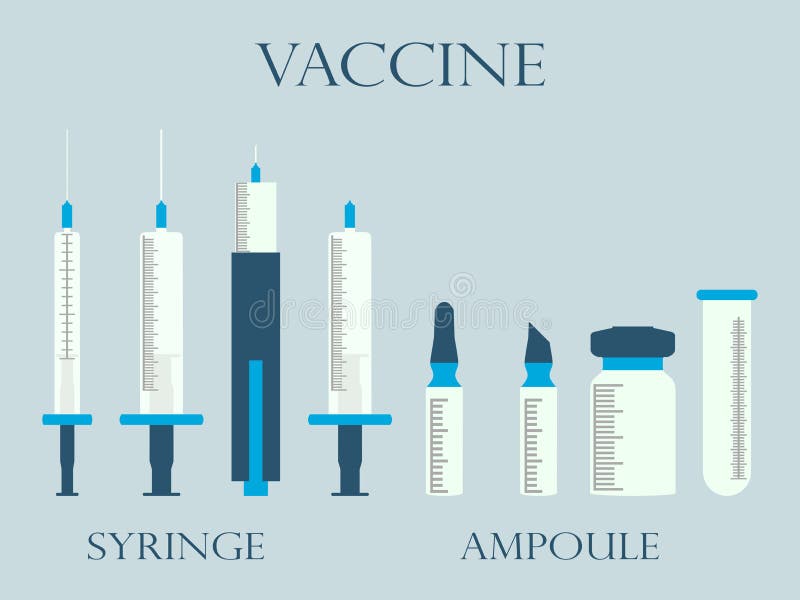 Syringe and vials. Syringe and ampules. Vaccine. Set icons in line style.