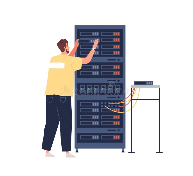 Sysadmin maintaining work of server cabinet, repairing and adjusting network connection. Engineer working with vector illustration