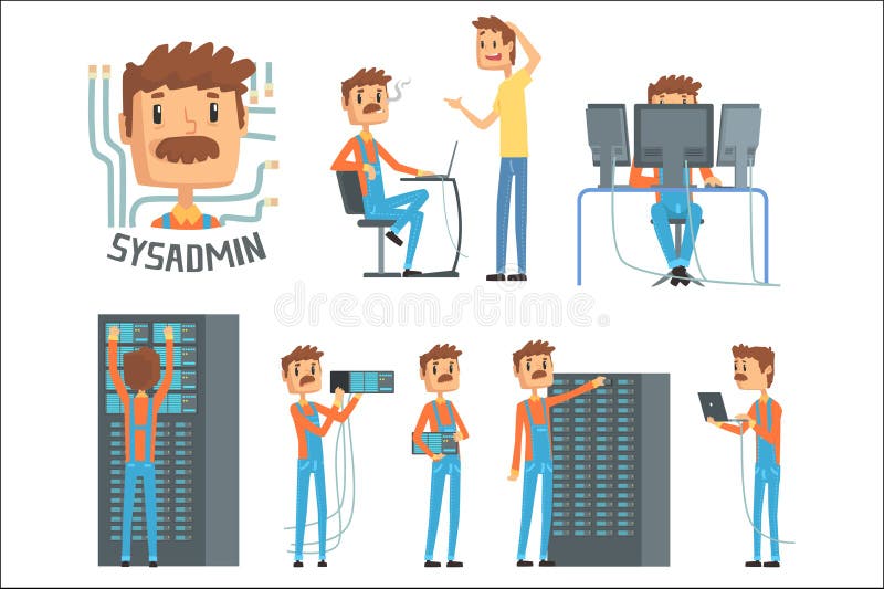 Sysadmin, network engineer characters, set of network diagnostics, users support and server maintenance cartoon vector stock illustration