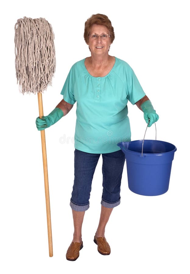 Mature senior woman with mop and bucket ready to do spring cleaning and household chores. Lady is smiling as she gets ready to clean the house. Isolated on white. Mature senior woman with mop and bucket ready to do spring cleaning and household chores. Lady is smiling as she gets ready to clean the house. Isolated on white.