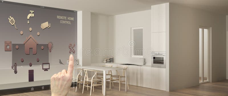 Syst?me de contr?le ? la maison ? distance intelligent sur un comprim? num?rique Dispositif avec des ic?nes d'APP Cuisine blanche illustration libre de droits Syst?me de contr?le ? la maison ? distance intelligent sur un comprim? num?rique Dispositif avec des ic?nes d'APP Cuisine blanche illustration libre de droits